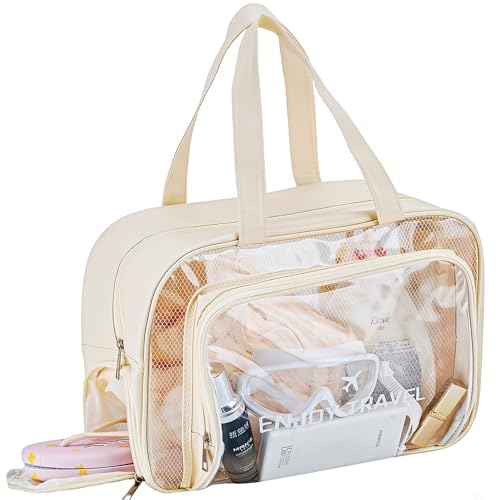 Waterproof Beach Bag with Shoe Compartment – Large Capacity Clear PVC Tote Bag, Portable Unisex Travel Makeup Organizer for Swimming, Gym, and Vacation (Beige)
