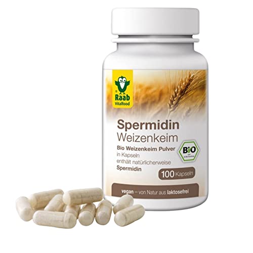 Raab Vitalfood Bio Spermidin-Kapseln aus Weizenkeim-Pulver (100 Kapseln) I Spermidin-Gehalt: 1mg pro Tag I Laborgeprüfte Qualität, vegan & laktosefrei I Made in Germany