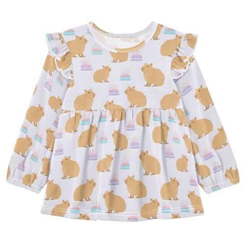 Capybara Birthday Cake Q Girls Shirts Cotton Long Sleeve Ruffle Toddler Tee Tops