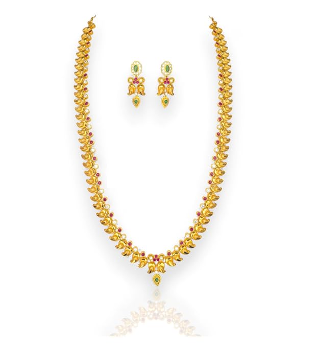 Temple Style Mango Necklace Set with Earrings – Festival Wear Jewellery (Green, Red & White, Long Set)