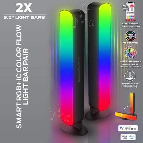 Image of Monster Smart LED Light Bars 2 Pack, RGB+IC Multi-Color Razor Chroma TV & Gaming Wi-Fi Light Bars, Dimmable, Sound Reactive, Multi Position, App & Voice Control, Works with Alexa, Google Home, Siri