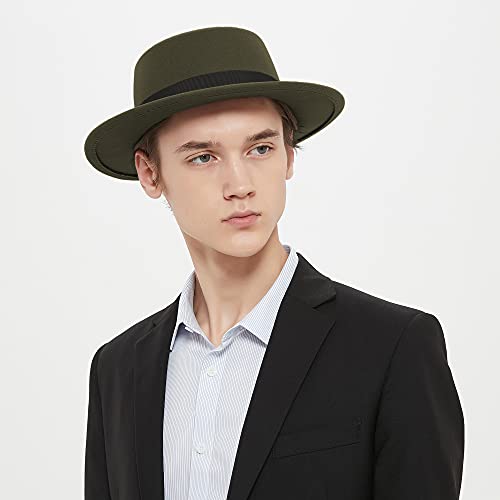 Image of Classic Fedora Hat Flat Top Hat Felt Pork Pie Hat Wide Brim Church Derby Cap for Women and Men