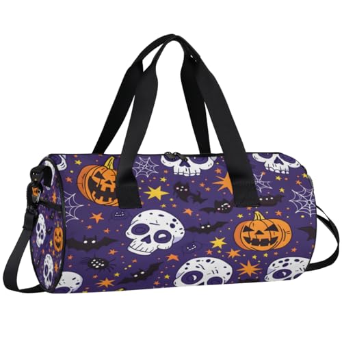 Halloween Caveman Round Barrel Sports Fitness Bag, Deep Purple Travel Luggage Bag, Reusable Handbag, Suitable For Men and Women