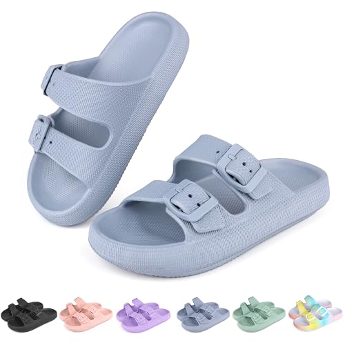 Kids Buckle Cloud Slides丨Boys Girls Slip On Sandals丨Youth Shower Flip Flops Beach Pool Shoes EVA Adjustable Summer Slippers （12 Little Kids - 7 Big Kids）