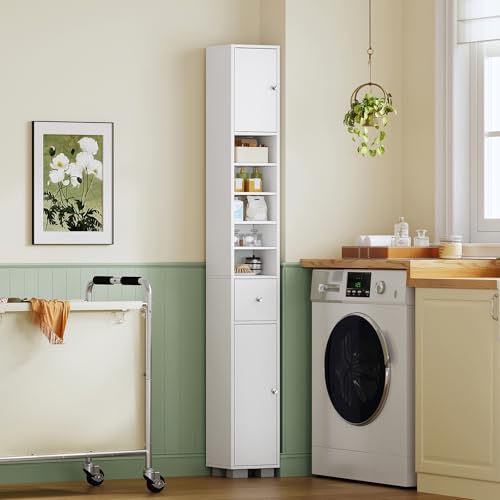 Image of TEENFON Bathroom Cabinet, Narrow Bathroom Storage Cabinet with 5 Adjustable Shelves & Drawer, Freestanding Cupboard for Small Spaces, White