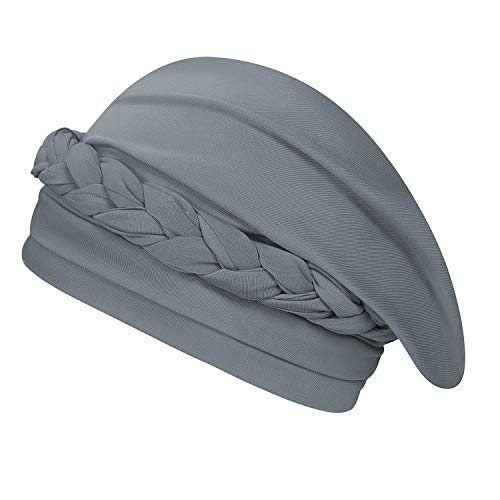 Women Cotton Chemo Turban Cap Braid Head Wrap Sleep Cap Slouchy Hair Loss Beanie Cap Soft Stretchy India Muslim Hijab Scarf Hat for Cancer Chemo Hair Loss (Grey)
