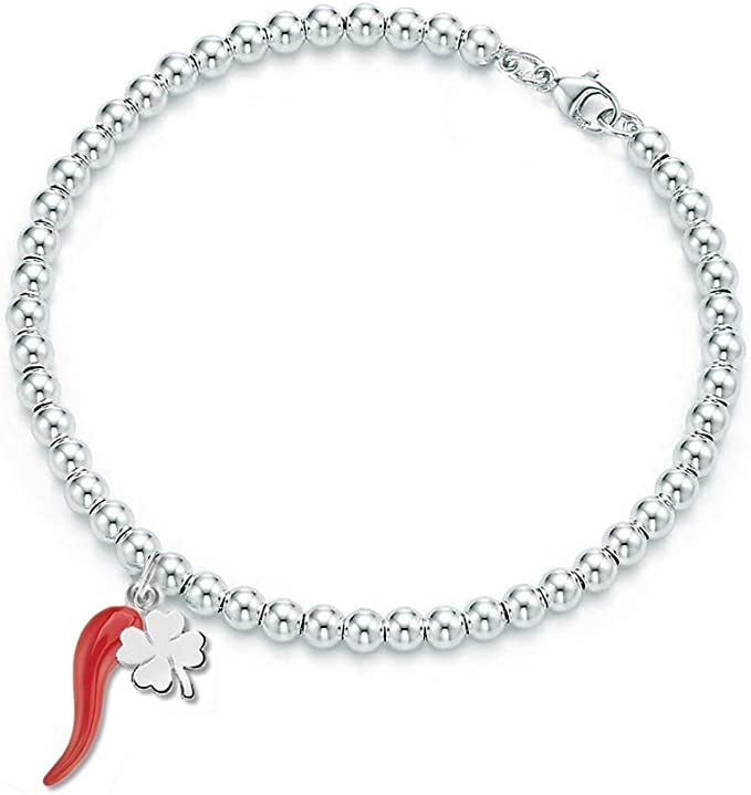  Emma Gioielli - Bracciale da Donna Catena Sfera Sfere in Acciaio di Alta Qualità con Ciondolo Corno Cornetto Rosso e Quadrifoglio Portafortuna - Confezione Regalo