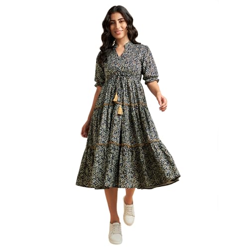 Image of Azira 100% Cotton Printed Fit & Flared Mandarin Collar Midi Dress | Casual Dress | Dress for Woman | Summer Dress