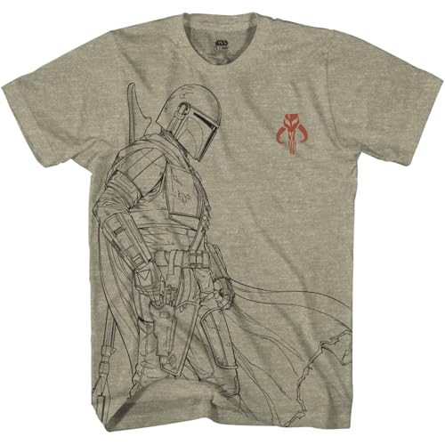 Star Wars The Mandalorian Boba Fett T-Shirts with Line Art Bounty Hunter Graphic, Short Sleeve Olive Heather Tee for Adult Unisex Small