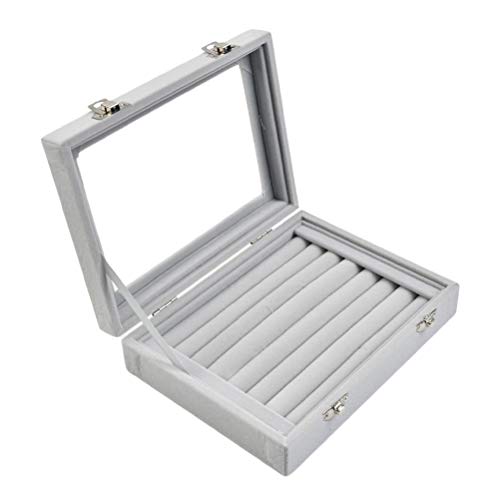 Joyero para Joyería, Soporte de Exhibición de Almacenamiento con Tapa de Vidrio, 7 Ranuras, Caja de Almacenamiento de Anillo de Terciopelo para...