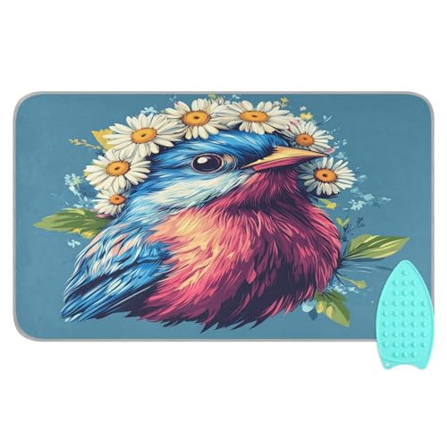 pnyoin Portable Ironing Mat Daisies and Blue Birds Travel Ironing Pad with Silicone Iron Rest for Steam Pressing on Tabletop or Bed Heat Resistant Portable Quilting & Travel Blanket