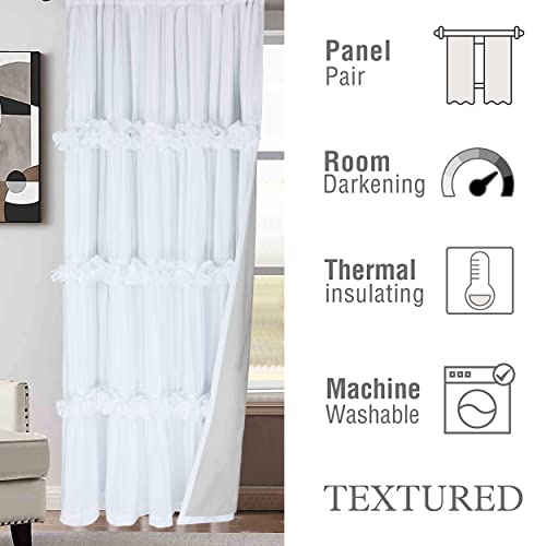 Forest Dance Ruffled Window Curtains With Blackout Liner, 2 Panels Boho Ruched Window Treatments With Butterfly Flowers, Rustic Rod Pocket Drapes For Bedroom, 54" W X 84" L, White (Eva) #TOP2