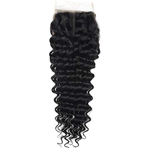 ANGIE QUEEN Hair Middle Part Lace Closure 4x4 Deep Wave Hair Brazilian Virgin Human Hair 130% Density Lace Closure Natural Black Color Hair (14, Middle Part Closure)
