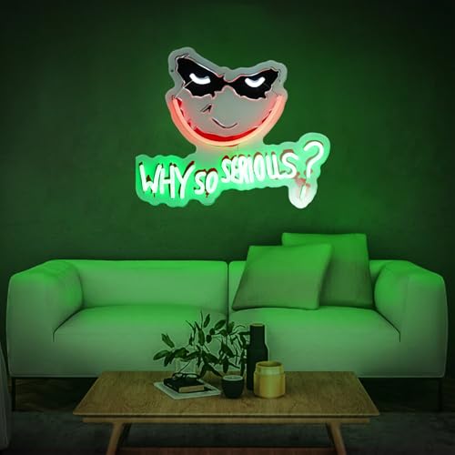 Image of Why So Serious Joker Neon Sign, UV Print LED Neon Light with Dimmer, 16x13 Inches, USB Powered Wall Decor for Bedroom, Game Room, Bar, Party