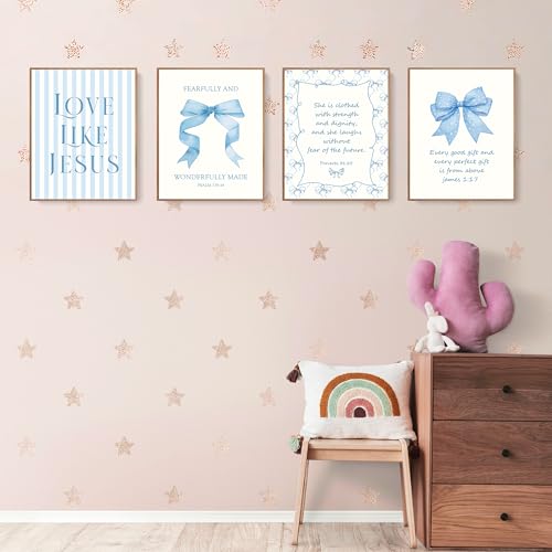 lartsfro coquette blue bow jesus wall art decor posters light blue bow christian room bathroom bedroom dorm wall art decor aesthetic for college teen girls gifts inspirational bible verses bow wall decor 10x8 inch set of 4 bow picturesunframed