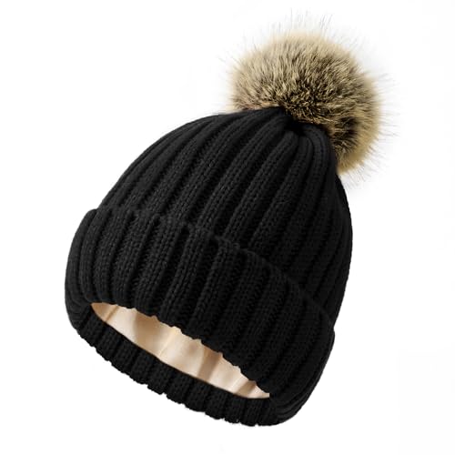 Century Star Womens Satin Lined Winter Beanie with Detachable Faux Fur Pom Pom Warm Knit Cuffed Hat for Cold Weather Black One Size