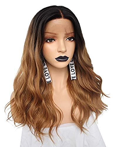 Anogol Hair Cap+Synthetic Fiber Hair Dark Roots Black Ombre Brown Long Wave Lace Front Wig Synthetic Large Parting Lace Heat Resistant with 20 Inches