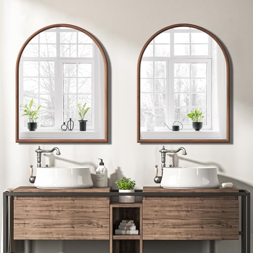 Image of 28 inchx36 inch Arch Wall Mirror for Wall, Wall Mounted Vanity Mirror for Bedroom, Wood Grain Finish Frame Mirror with Tempered Glass, Vintage Decorative for Bathroom, Entryway, Living Room, Walnut