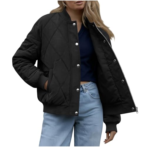 Chaqueta bomber acolchada para mujer, ligera, casual, acolchada, de manga larga, con botones, suave, cómoda, de algodón, para invierno, cálida, holgada, con bolsillos, para viajes, calle, Negro 1, XL