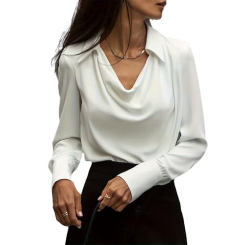 HESYSUAN Blusa de Manga Larga con Cuello Polo, Elegante Blusa de satén con Escote drapeado, Elegante Blusa de Manga Larga Plisada con Cuello en V (XL,White)