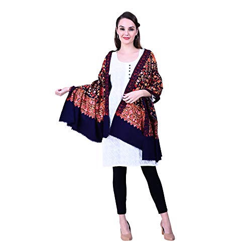 SWI WITH LABEL Women's Kashmiri Wool Blended Shawl Embroidered by Kashmiri Artisans, (Large Size - 40 x 80 Inches)