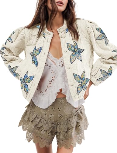 Wyeysyt Women's Floral Embroidered Cropped Quilted Jacket Lightweight Button Down Bomber Jacket Puffer Coat with Pockets