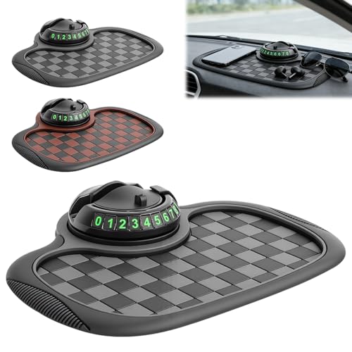 Multifunction Car Anti Slip Mat 360 Rotatable Phone Holder Dashboard Pad with Temporary Parking Number Organizer for Phone Sunglasses Keys (Black and Gray Plaid)