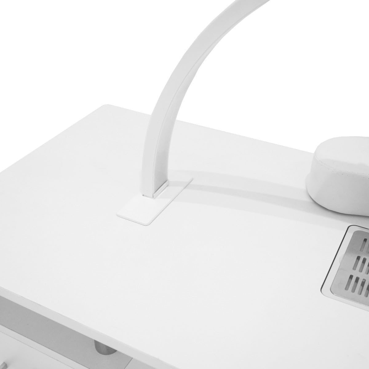 Mesa Manicura Profesional c/Colector de Polvo y Ruedas + Lámpara de Mesa Media luna LED 50 W | Regulable 3000-6000K | Soporte teléfono | Almohadillas para fijar | Pestañas, Uñas, Tatuajes, Estética
