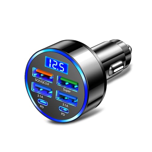 6 Ports Fast Car Charger with Voltage Monitor,Car Cigarette Lighter USB Charger (PD+QC3.0)...
