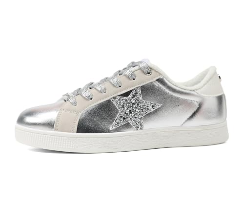 Star Glitter Fashion Sneakers | Sparkly Bling Shiny Bedazzled Wedding Bridal Shoes for Women(Silver PU,10B(M) US)