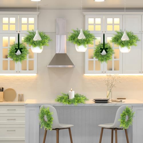 Image of 4 PCS Christmas Candle Rings Wreath Artificial Green Norfolk Cedar Mini Candle Ring Holder Small Wreaths for Xmas Cabinets Kitchen Windows Home Wedding Table Centerpiece Door Window Chair Wall