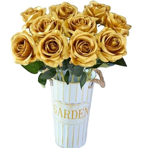 Gumolutin 10PCS Artificial Silk Rose Flower Bouquet Fake Vintage Roses with Long Stems for Wedding Party Home Funeral Decoration, Golden Cover