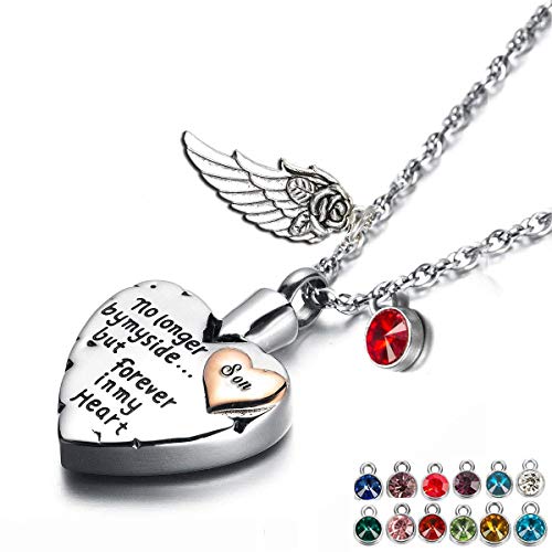 PREKIAR Heart Cremation Urn Necklace for Ashes Angel Wing Jewelry Memorial Pendant and 12 PCS Birthstones No Longer by My Side But Forever in My Heart (Son)