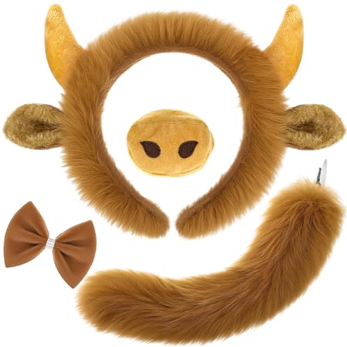 Janinka 4 Pcs Halloween Highland Cow Costume for Kid Aldult with Bull Horn Headband Tail Nose Bow Tie for Halloween Cosplay Party
