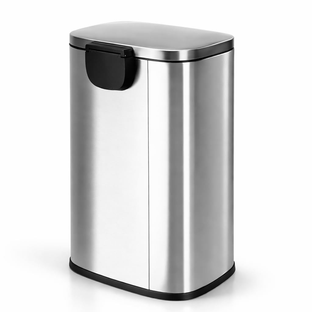 T-LOVENDO.ES Cubo de Basura 50L Grande de Acero Inoxidable con Pedal | Papelera con Tapa Anti-Olores | Sistema Sujeta Bolsas | Diseño Moderno | Apertura Suave y Silenciosa | Cocina Baño Oficina