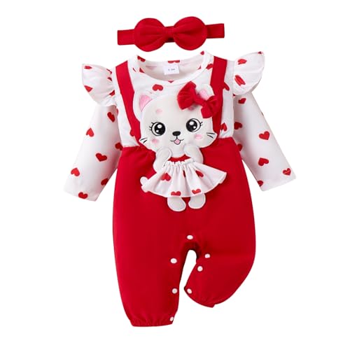 Image of ODIMAME Baby Girl Clothes Newborn Romper Cute Cat Ruffled Long Sleeve Love Fall Winter Outfits with Bow Headband 0-18 Months