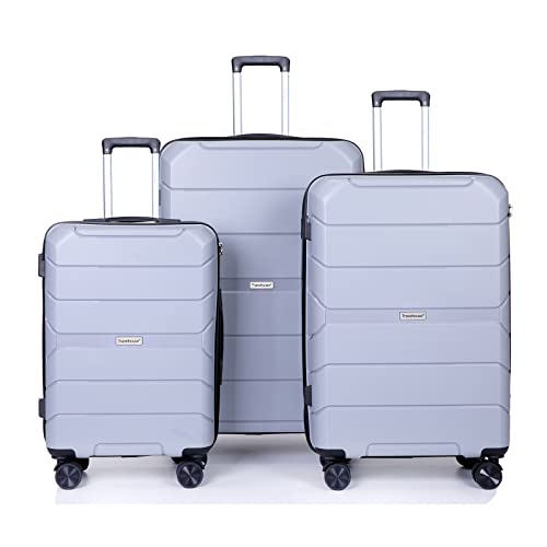 3 Piece Luggage Sets with Spinner Wheels Hardshell,Travel Suitcase&Rolling Suitcase&Hard Suitcases with Wheels,Adjustable Pull Rod,Name Card,TSA Lock,Two Hooks,Lightweight PP(20/24/28) (Silver)
