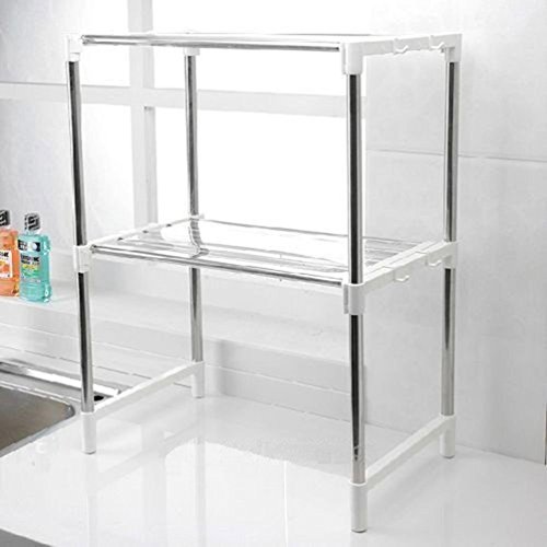 G4RCE MLU-B78-6AE - Estante multifunción doble para colocar sobre horno microondas, organizador, módulo de almacenamiento con gancho, mantiene la cocina ordenada, blanco