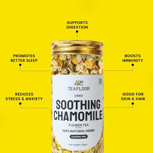 Image of TEAFLOOR Dried Soothing Chamomile Flower Tea | (40+ Cups) for Better Sleep, Relaxation & Stress Relief | 100% Pure Flower Buds | Natural Loose Herbal Tea - No Caffeine - Mild Flavour - Non GMO (35 Grams)