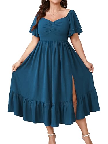 Image of SCOMCHIC Womens Plus Size Wedding Guest Cocktail Dresses Sweetheart Neckline Short Sleeve Smocked Ruffle Slit Maxi Dress