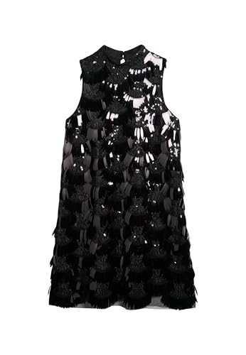 Superdry Damen Kleid in A-Linie mit Fransen und Pailletten Schwarze Pailletten 36