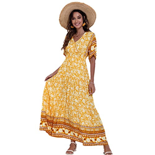 Robe longue d'été décontractée jaune à imprimé floral bohème col en V XL