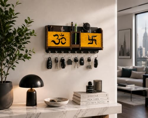 Image of Wooden Om Design TV Remote Mobile Stand Key and Pen Holder for Home, Office, Hall, Living Room Pocket Pen Special Designer Home Furnishing Two Box Wall Mounted Wall Keys Holder