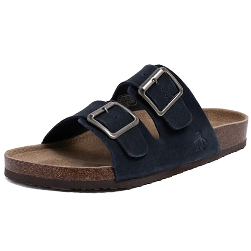 Image of Original Penguin Men’s Double Buckle Slide Sandals, Casual Everyday Slip-On Slides with Adjustable Straps and Cushioned Footbed, Colby - Navy, Size 9