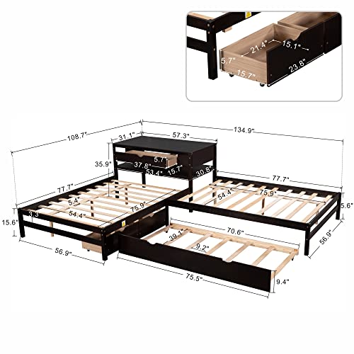 Lepfun Full Size L-Shaped Platform Bed With Trundle & Drawers Linked W/Built-In Desk For Kids, Bedroom, Teens, Adults, No Box Spring Needed, Wood Bedframe 3 In 1, Espresso #TOP1