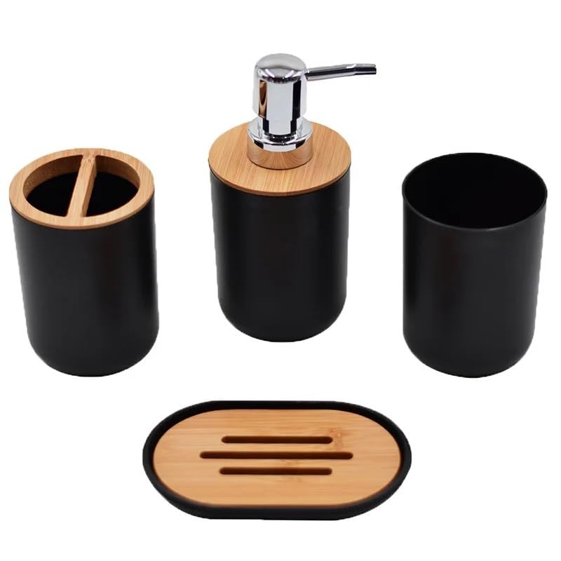 Set Bagno 4 Pezzi In Bambù E Plastica – Porta Spazzolino, Erogatore Lozione, Portasapone, Bicchiere – Bianco, 450 Ml