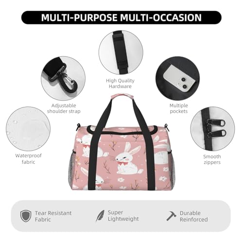 Duffle Bag Cute Pink White Rabbit Travel Duffel Bags for Men Women with Adjustable Strap Carry on Gym Bag Overnight Weekender Bag4