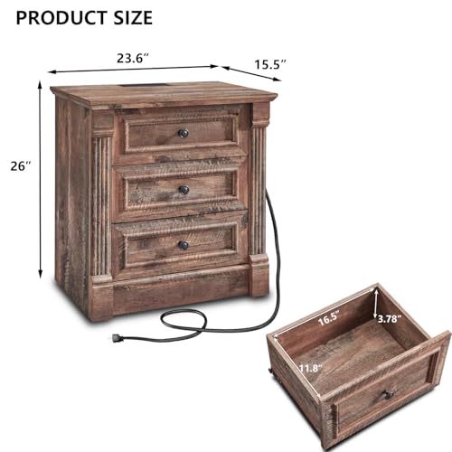 Image of 26 inch Tall Nightstand with Charging Station, Farmhouse 23.6 inch Wide Large End Table w /Roman Column, Wood Rustic Side Table w /Metal Handle, 3 Drawers Dresser for Bedroom, Living Room, Light Brown