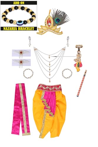 Image of Krishna Dress for Kids, Baby Krishna Dress for Janmashtami with Krishna Mukut, Peacock Feather & Flute Embroidered Krishna Costume for Girl & Boy, 3 Months-8 Years