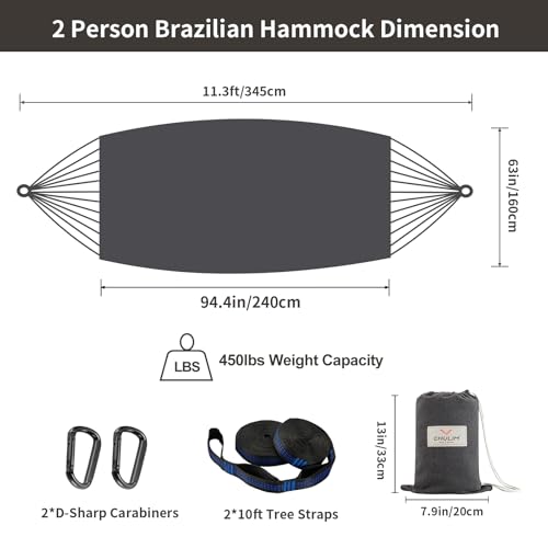 Image of CHULIM Brazilian Double Hammock with Tree Straps,Extra Large 94x63IN,2 Persons Hammock for Backyard Patio Outdoor and Indoor,450lbs Weight Capacity,Soft Woven Cotton Fabric - Dark Grey